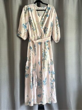 Floral Wrap Dress in Light Pink with Blue Blooms